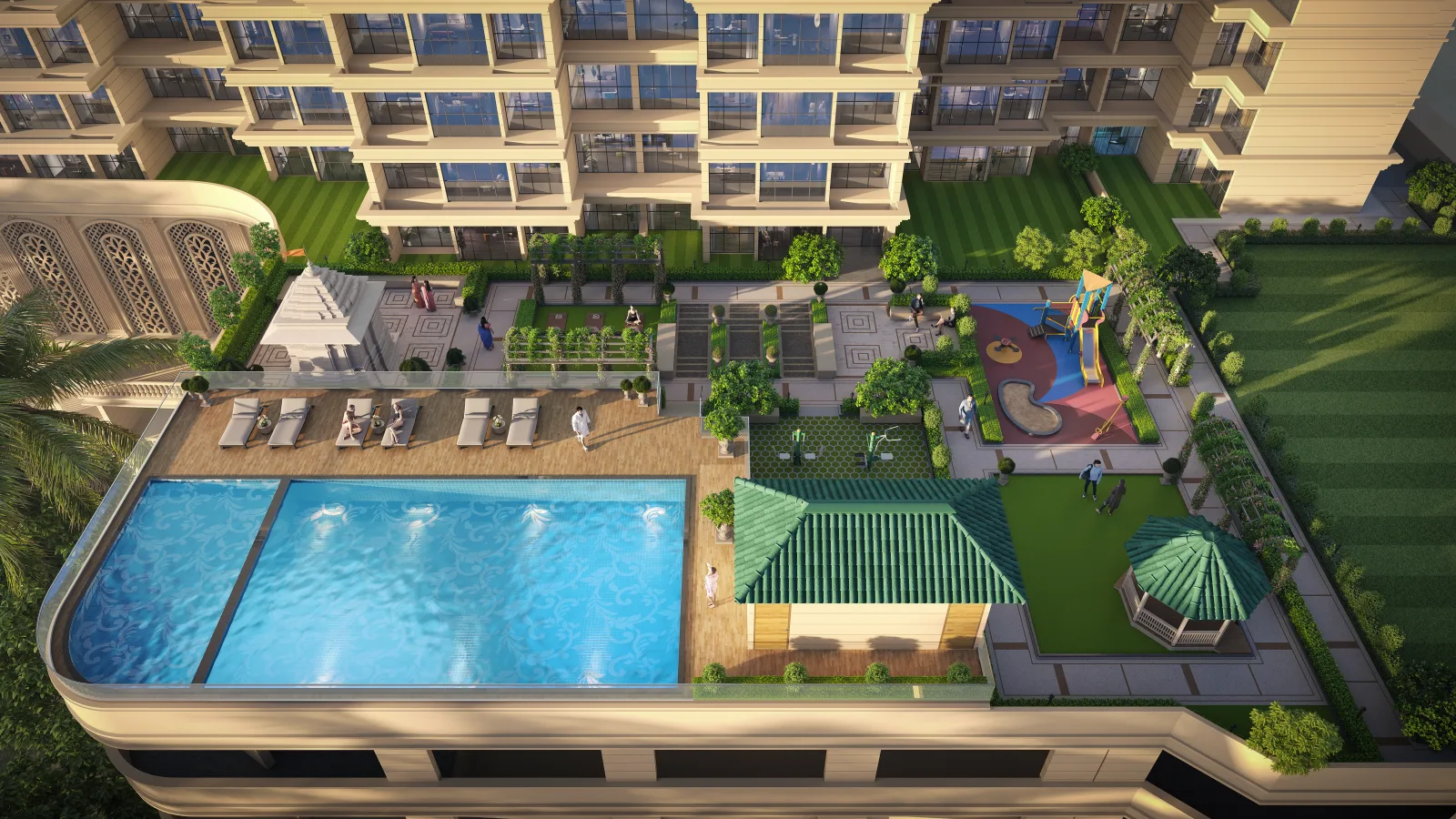 Podium amenities and seating greens at Vikas Ritz