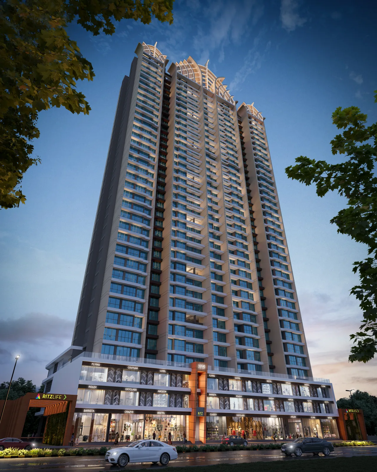 Vikas Ritz Kalyan West 3 BHK tower at night, Khadakpada